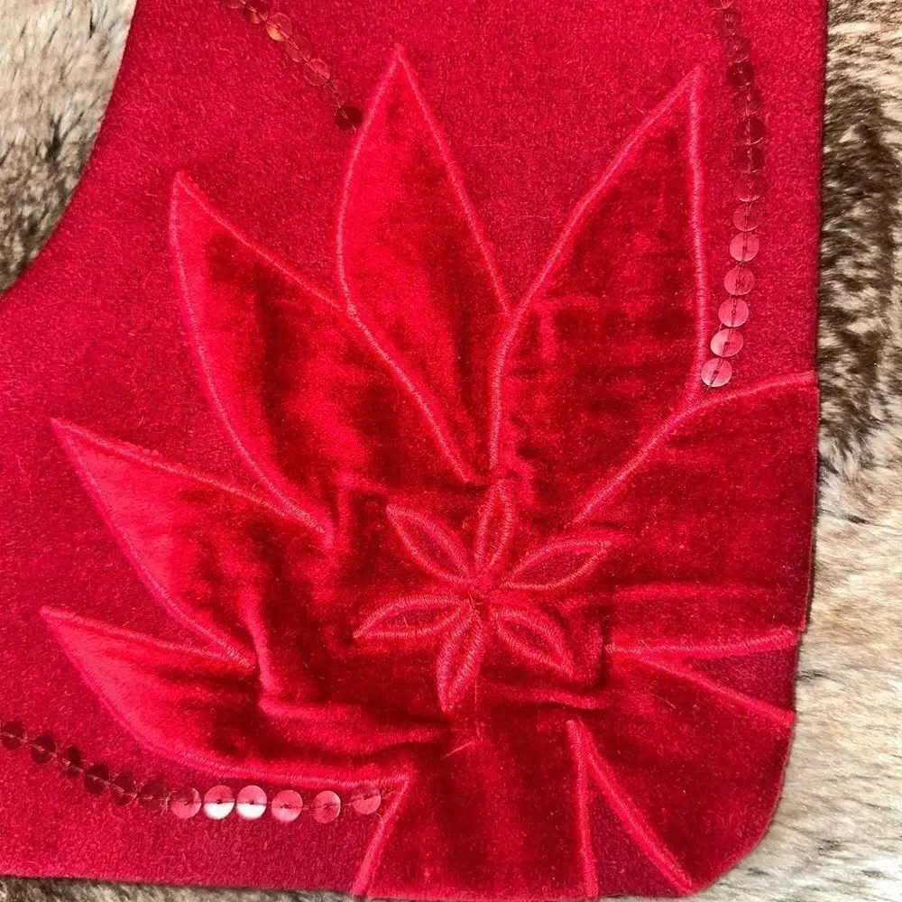 Crate & Barrel Red Poinsettia Stocking Velvet and Wool